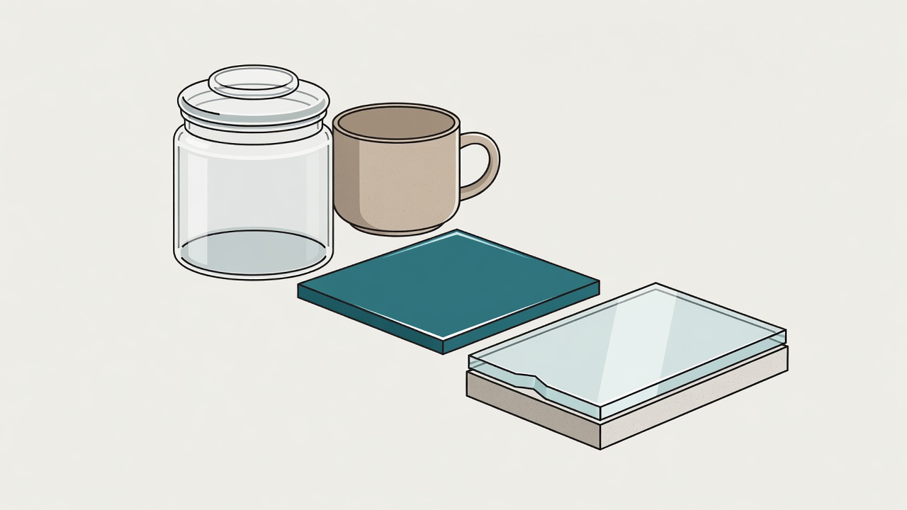Flat illustration of a glass jar, ceramic cup, glazed tile, and a close-up of a vulnerable edge