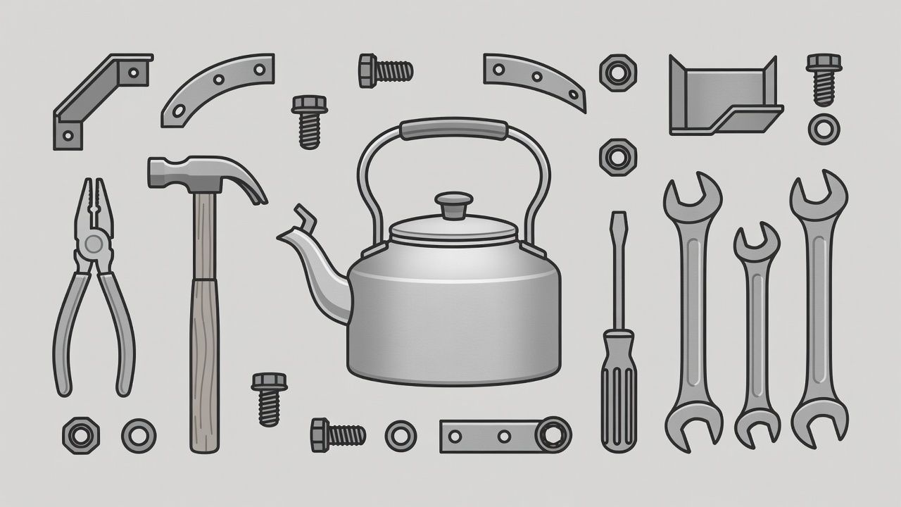 Flat illustration of a metal kettle, hand tool, fasteners, and formed sheet components