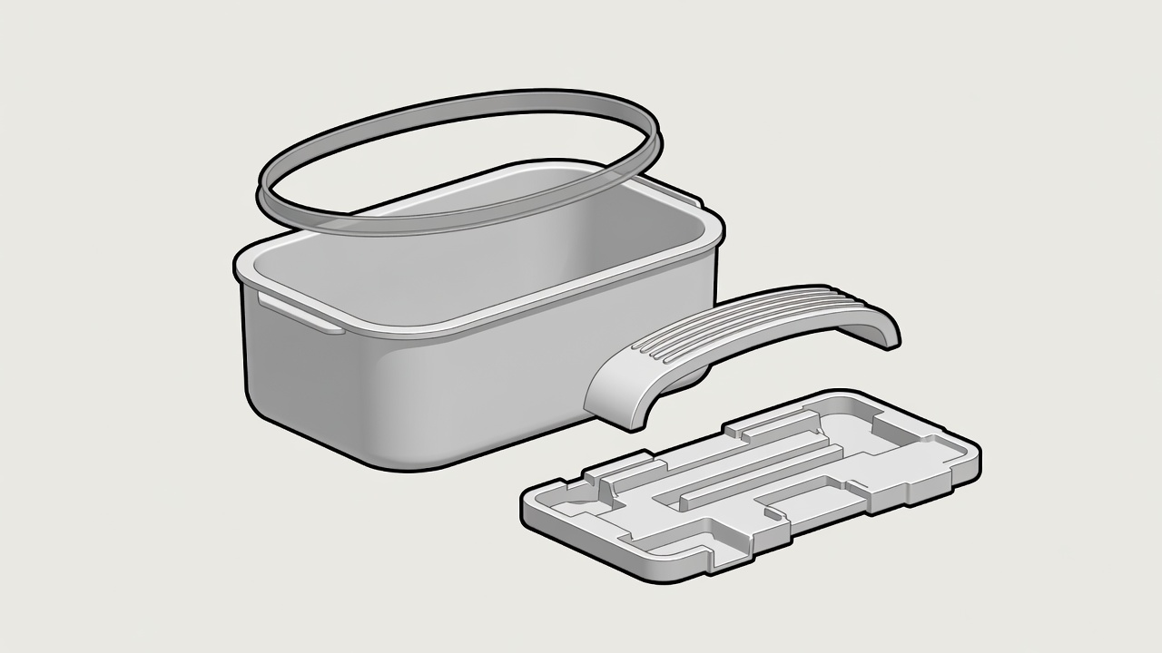 Flat illustration of a polymer container, flexible seal, shaped grip, and moulded household component