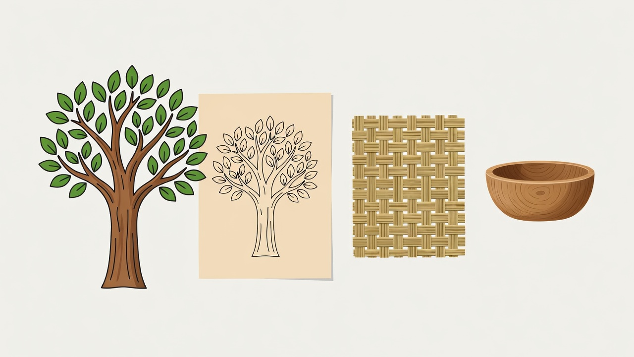 Flat illustration tracing a tree, paper sheet, woven plant fibre, and wooden household object
